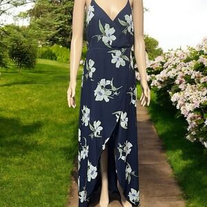 Lulu's All Mine Navy Blue Floral Print High-Low Wrap Dress Size Large Adjustable